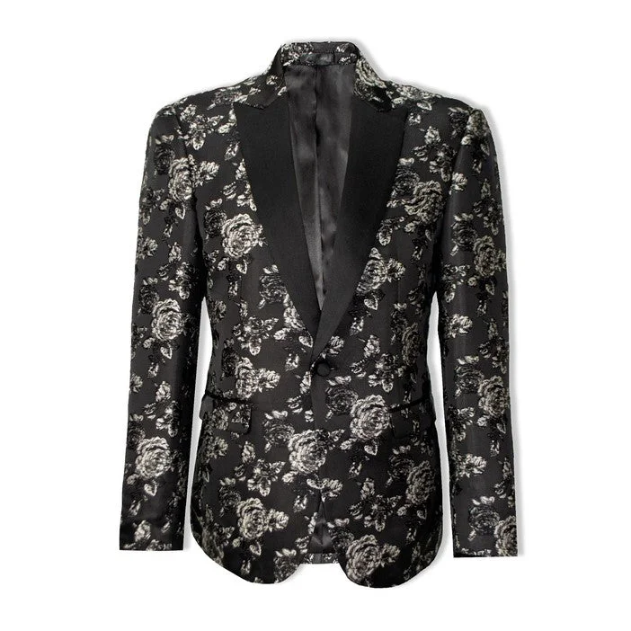 Elegant Outfits Octavius Flower Peak Lapel Jacket Black & Silver