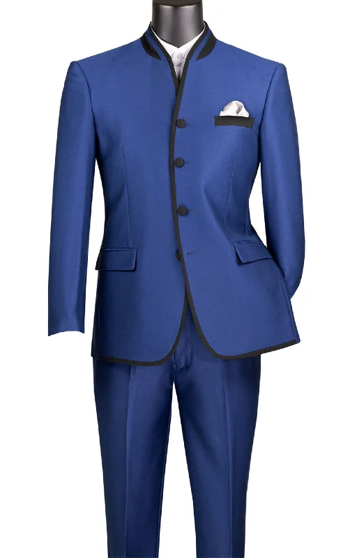Classic Apparel Oriental Collection - Banded Collar Slim Fit Suit Shiny Sharkskin 2 Piece Blue Classic Apparel Oriental Collection - Banded Collar Slim Fit Suit Shiny Sharkskin 2 Piece Blue