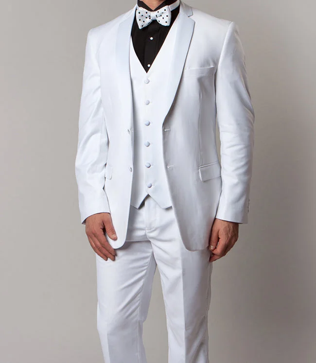 Relaxed T-shirts Solid White Modern Fit Tuxedo 3 Piece with 6 Button Vest
