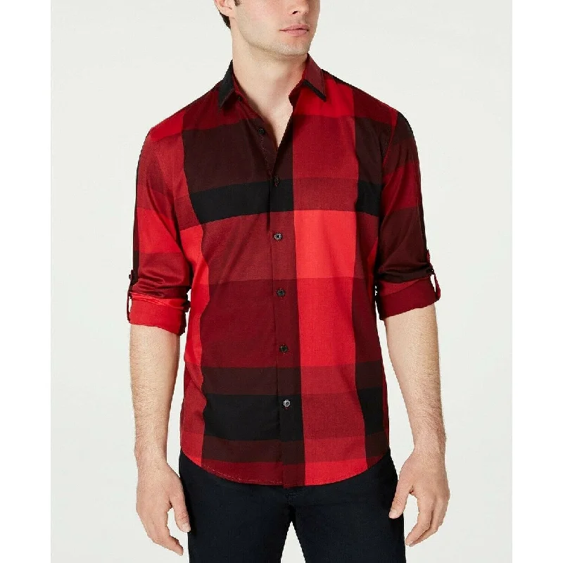 Summer Wear Alfani Men's Plaid Long-Sleeve Shirt Jester Red Size Medium