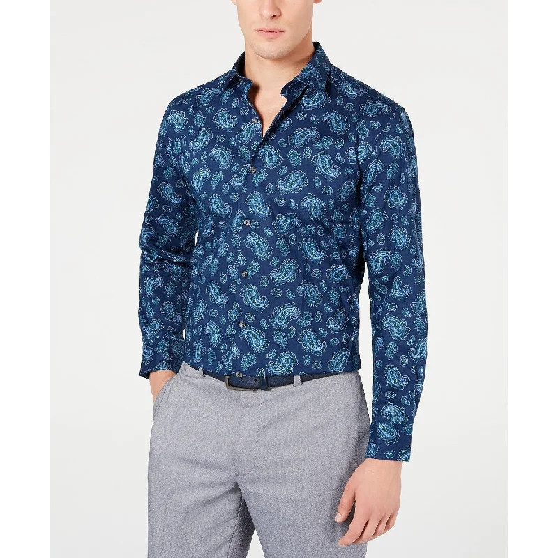 Layered Outfits Bar III Men's Paisley-Print Dress Shirt Navy Green Size 32X33
