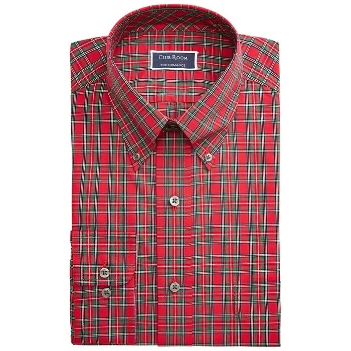 Smart Pants Club Room Men's Big & Tall Classic/Regular-Fit Wrinkle-Resistant Tartan Dress Shirt Red Size 34-35