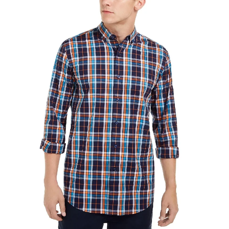 Relaxed Fit Club Room Men's Stretch Plaid Shirt Navy Size Medium