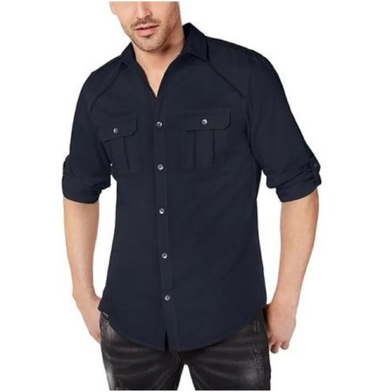 Trendy Sweaters INC International Concepts Men's Piped Grid-Pattern Shirt Blue Size XS - X-Small Trendy Sweaters INC International Concepts Men's Piped Grid-Pattern Shirt Blue Size XS - X-Small