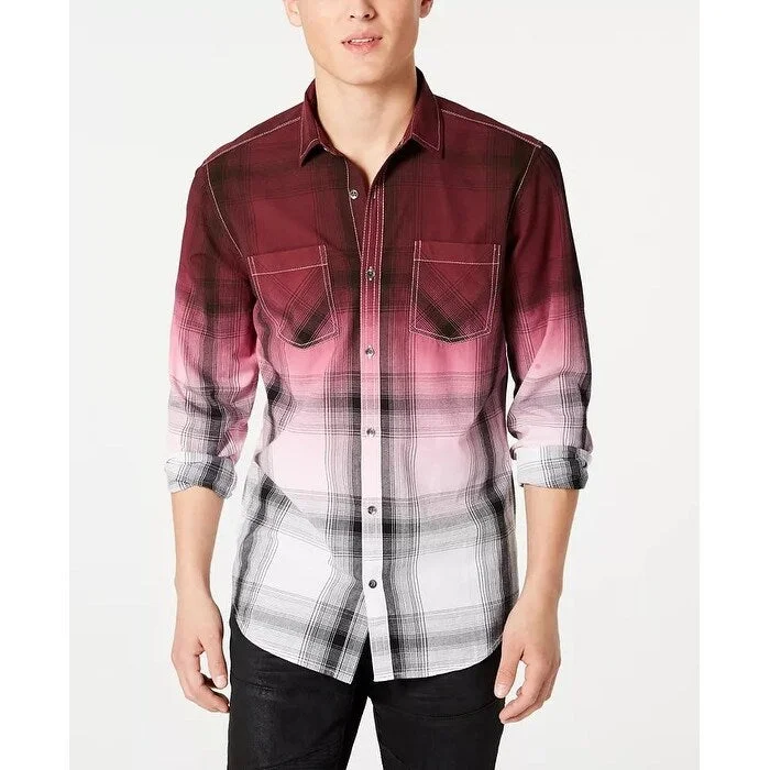 Cool Bottoms INC International Concepts Men's Regular Fit Dip Dyed Plaid Shirt Wine Size Small Cool Bottoms INC International Concepts Men's Regular Fit Dip Dyed Plaid Shirt Wine Size Small