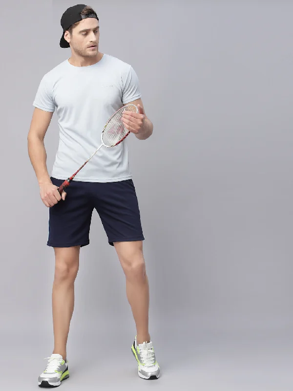 Simple Styles JUMP USA Men Glacier Blue & Navy Blue Rapid Dry Solid T-Shirt With Shorts