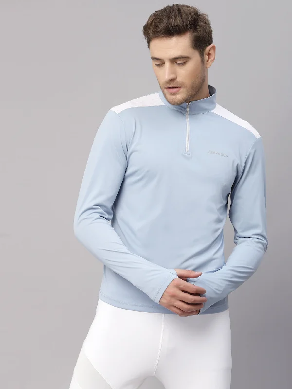 Sporty Designs JUMP USA Men's Blue White Solid Yoga Seamless High Neck T shirt