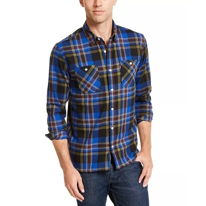 Stylish Suits Levi's Men's Dual Pocket Plaid Flannel Shirt Turq Aqua Size Medium