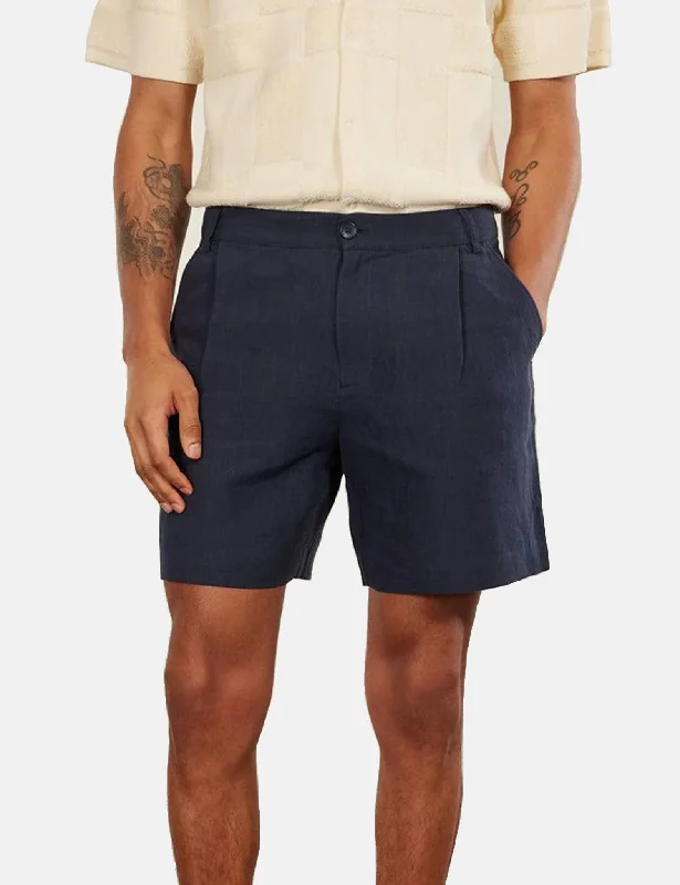 Streetwear Clothing Percival Pleated Linen Shorts - Navy Blue