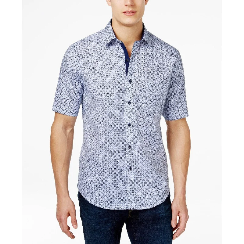 Comfy Tops Tasso Elba Men's Medallion Tile-Print Short-Sleeve Shirt Blue Size Large