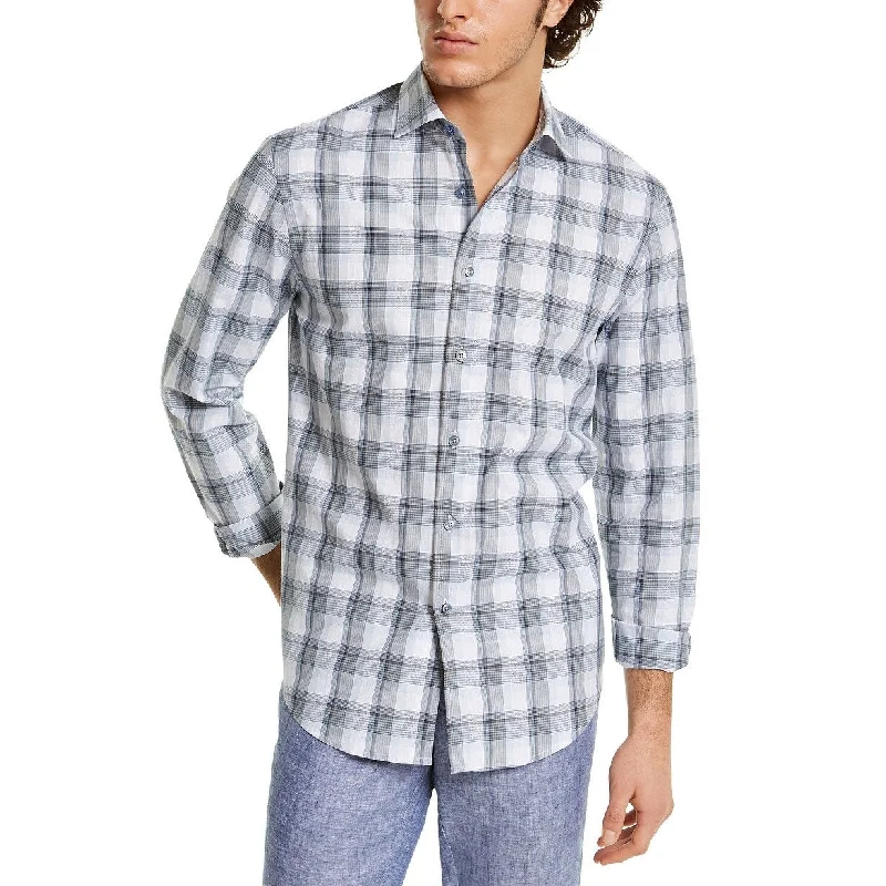 Athletic Tops Tasso Elba Men's Stretch Plaid Boucle Shirt Navy Size Small