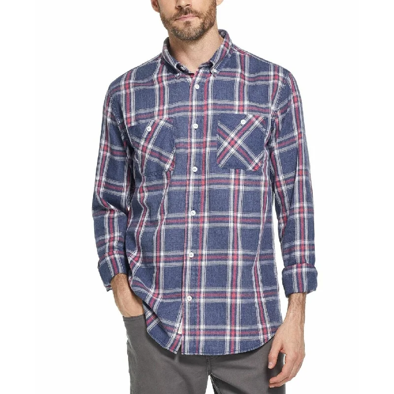 Summer Wear Weatherproof Vintage Men's Button Front Flannel Plaid Navy Size Medium