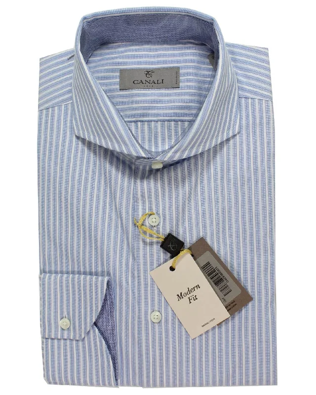Denim Looks Canali Dress Shirt Blue White Navy Stripes - Modern Fit 40 - 15 3/4