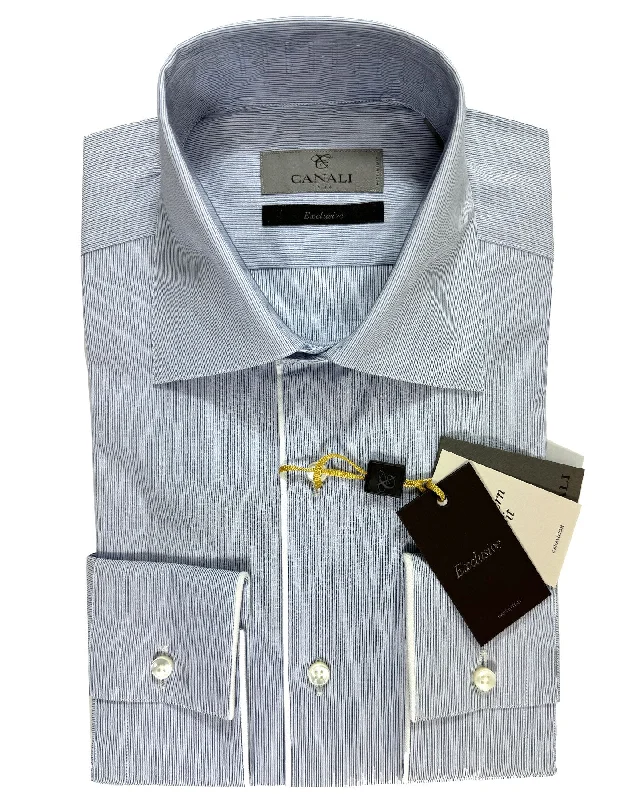 Trendy Look Canali Dress Shirt Exclusive White Navy Blue Stripes - Modern Fit 39 - 15 1/2 Trendy Look Canali Dress Shirt Exclusive White Navy Blue Stripes - Modern Fit 39 - 15 1/2