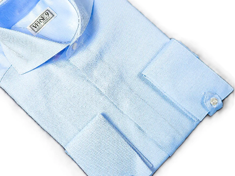 Casual Shoes Sky Blue Solid Spread Collar Shirt with Convertible Tap French Cuff