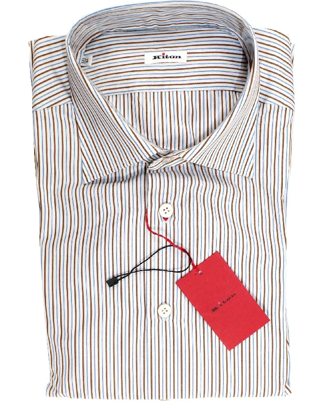 Sporty Wear Kiton Dress Shirt White Brown Blue Stripes 44 - 17 1/2 SALE