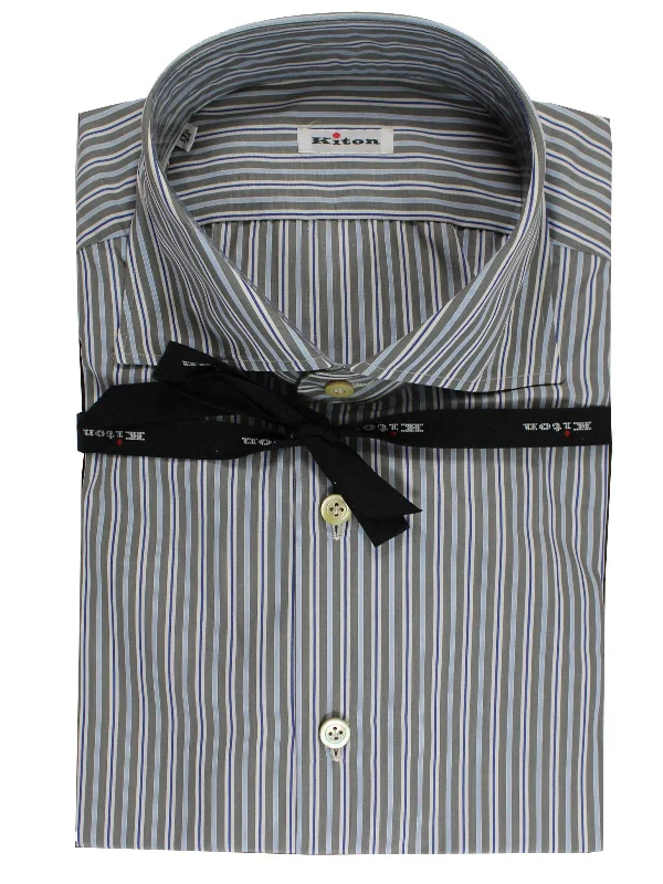 Stylish Casuals Kiton Dress Shirt White Gray Royal Blue Stripes 44 - 17 1/2 SALE