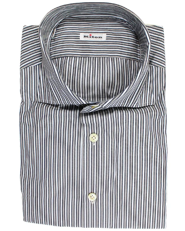 Winter Outfits Kiton Dress Shirt White Gray Stripes Spread Collar 45 - 18 SALE