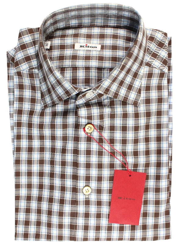 Weekend Gear Kiton Shirt White Brown Blue Plaid 40 - 15 3/4 REDUCED SALE