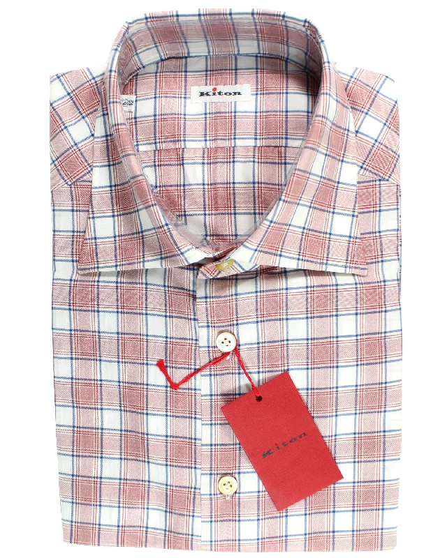 Relaxed Fit Clothing Kiton Shirt White Burgundy Navy Plaid Check 42 - 16 1/2 SALE