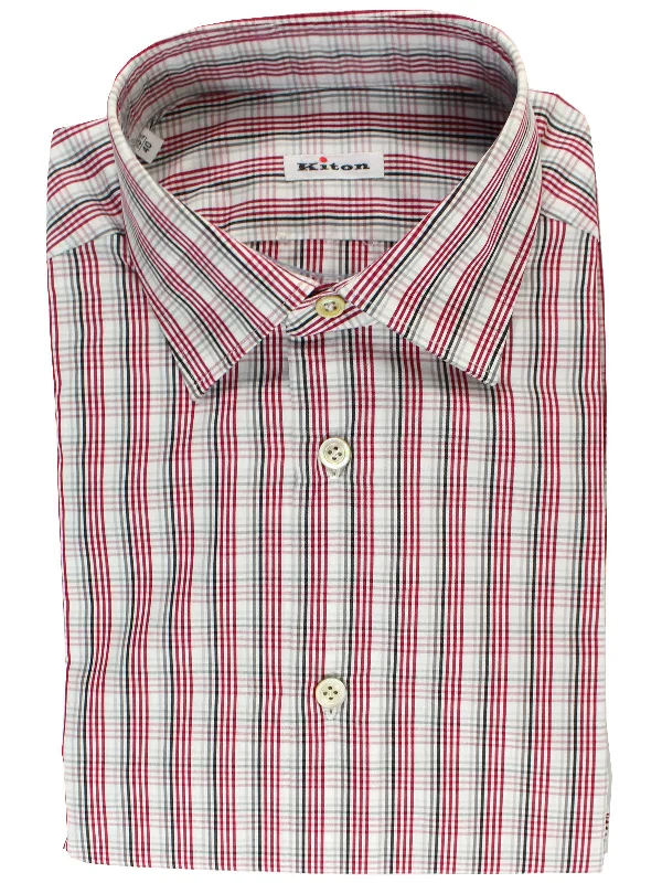 Street Outfit Kiton Short Sleeve Shirt Burgundy Gray Check 40 - 15 3/4 REDUCED SALE