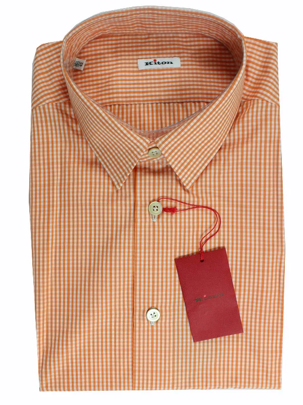 Trendy Look Kiton Short Sleeve Shirt White Orange Check Design 44 - 17 1/2 REDUCED - SALE Trendy Look Kiton Short Sleeve Shirt White Orange Check Design 44 - 17 1/2 REDUCED - SALE