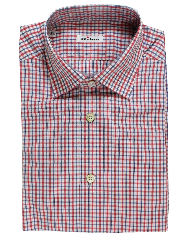 Active Styles Kiton Short Sleeve Shirt White Red Royal Blue Check 37 - 14 1/2 SALE