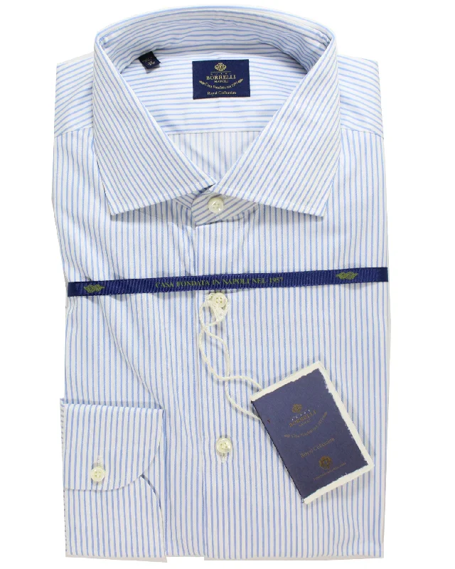 Casual Trousers Luigi Borrelli Dress Shirt White Blue Stripes 44 - 17 1/2 Royal Collection Casual Trousers Luigi Borrelli Dress Shirt White Blue Stripes 44 - 17 1/2 Royal Collection