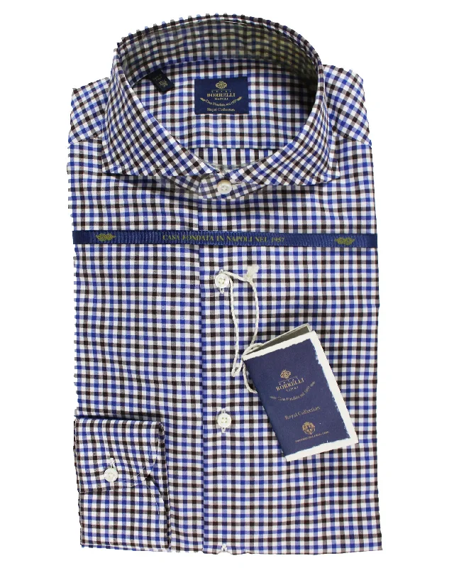 Casual Wear Luigi Borrelli Dress Shirt ROYAL COLLECTION White Royal Blue Brown Check 39 - 15 1/2 Casual Wear Luigi Borrelli Dress Shirt ROYAL COLLECTION White Royal Blue Brown Check 39 - 15 1/2