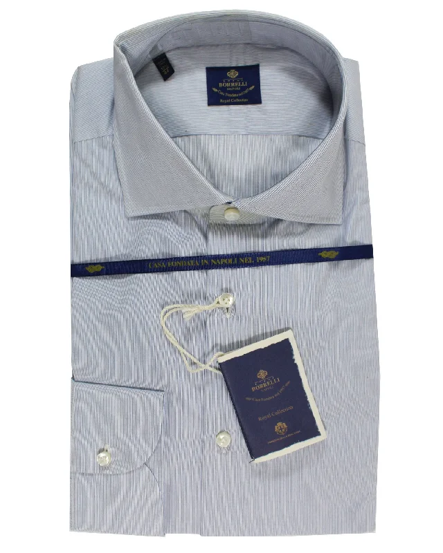 Versatile Wear Luigi Borrelli Dress Shirt White Blue Stripes - Royal Collection 38 - 15 SALE