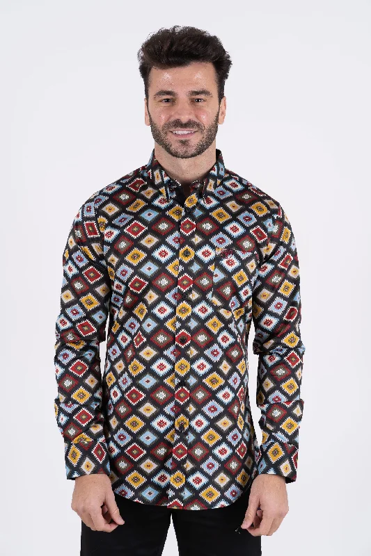 Modern Basics Men's Cotton Black Digital Print Dress Shirt