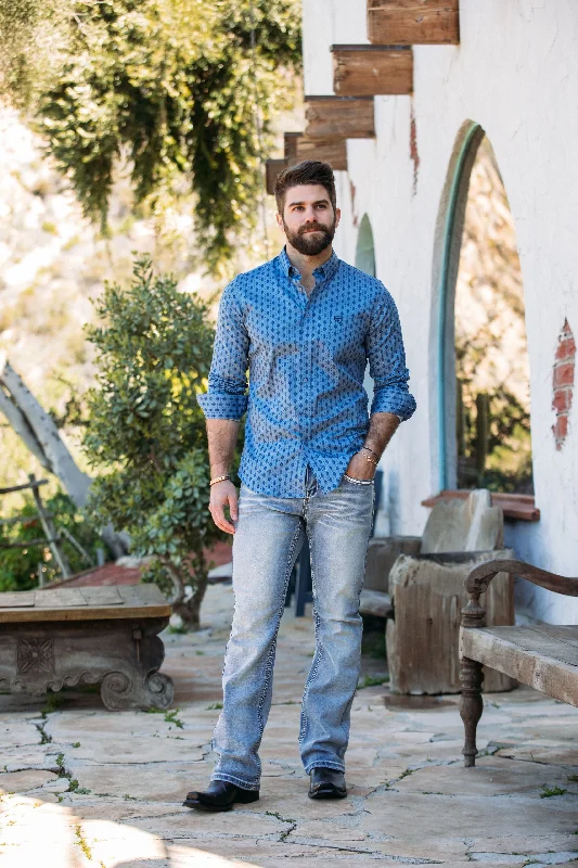 Urban Gear Men's Cotton Blue Aztec Digital Print Dress Shirt