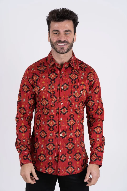 Lightweight Tops Cotton Aztec Print Dress Shirt - Burgundy