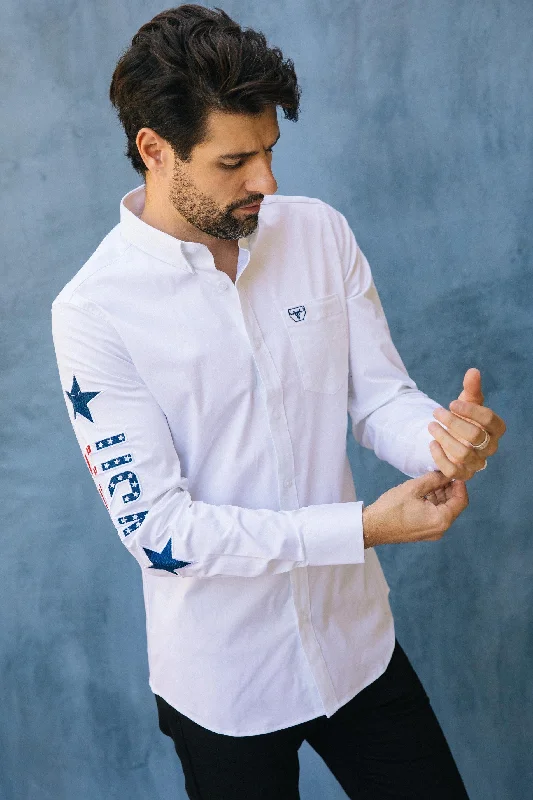 Urban Fashion Mens Cotton Modern Fit Stretch USA Embroidery Shirt
