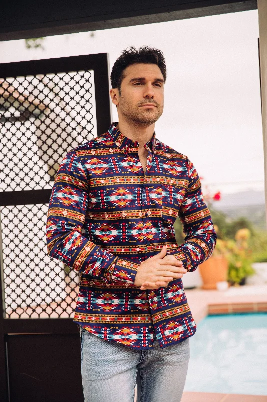 Soft Fabrics Men's Cotton Navy Aztec Digital Print Dress Shirt