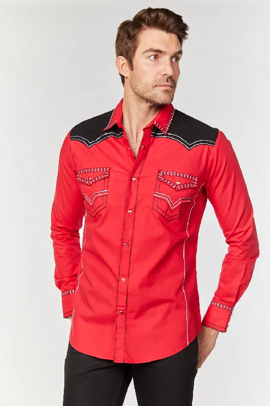 Premium T-shirts Mens Red Western Shirt with Suede