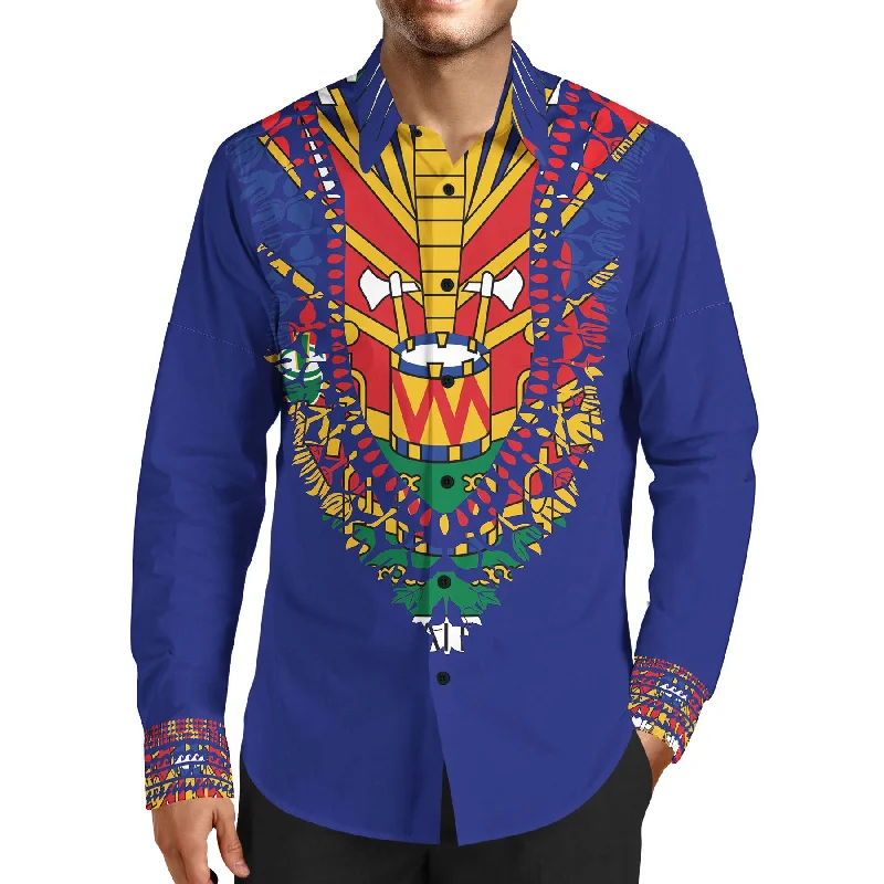 Casual Outerwear MEN'S FASHION LUXURY TMMG BLUE HAITIAN FLAG DASHIKI DRESS SHIRT