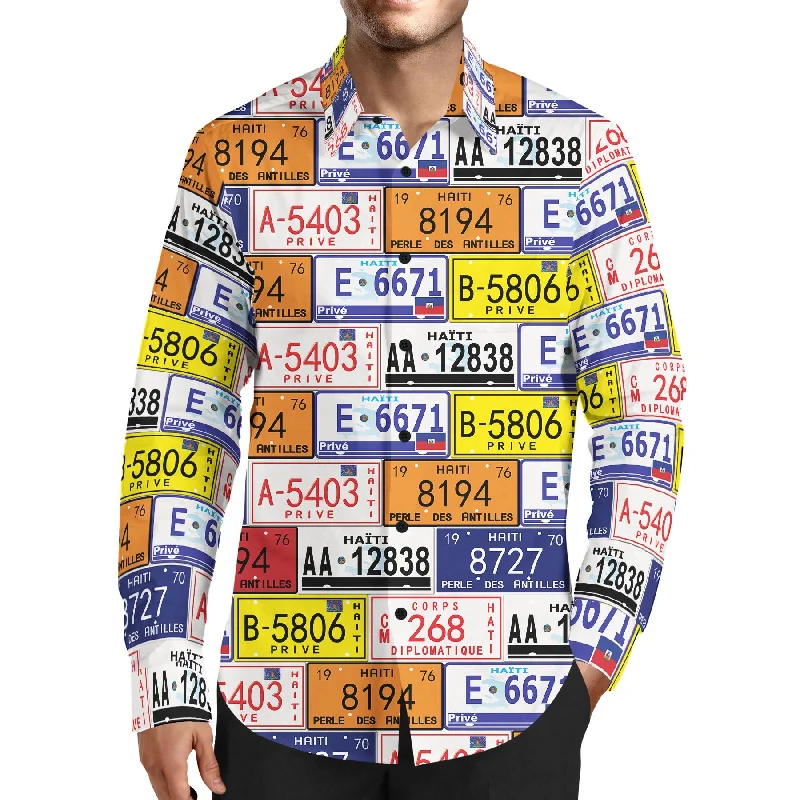 Lightweight Fabrics MEN'S FASHION TMMG LUXURY HAITI INSPIRED LICENSE PLATES DRESS SHIRT
