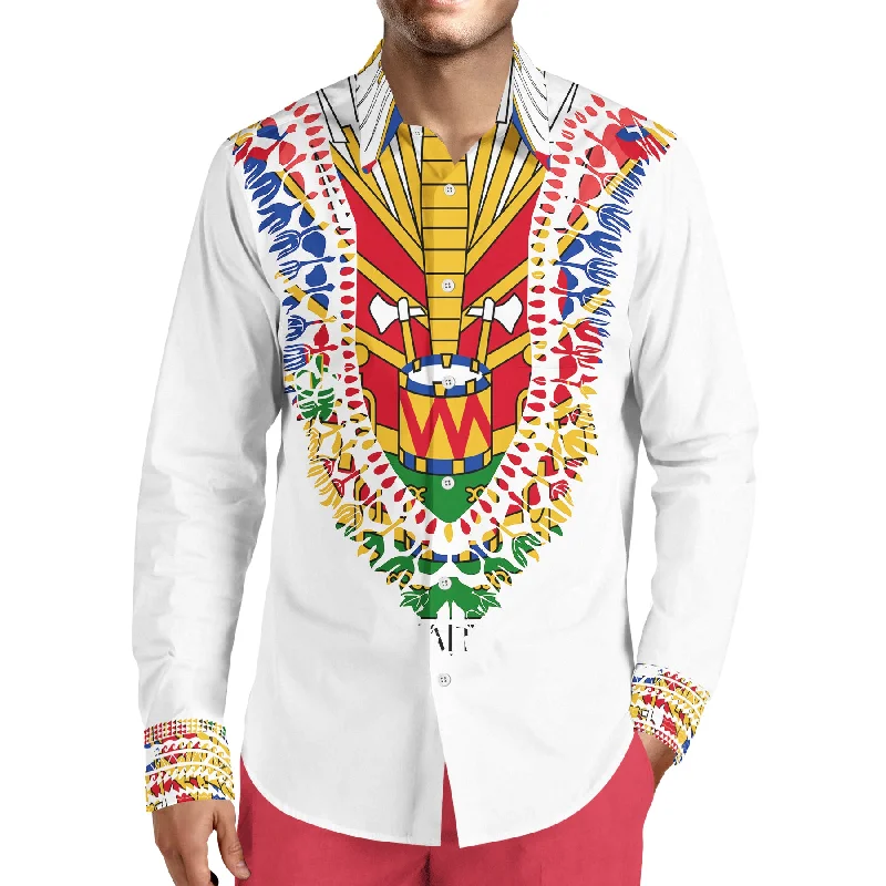 Soft Fabrics MEN'S FASHION LUXURY TMMG WHITE HAITIAN FLAG DASHIKI DRESS SHIRT