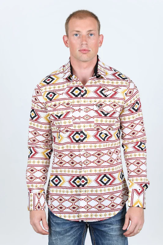 Cool Pieces Men's Modern Fit Panoramic Aztec Print Long Sleeve Shirt - White