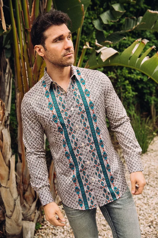Streetwear Clothing Mens Modern Fit Stretch Aztec Foiled Shirt - Beige