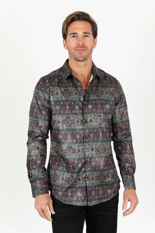 Everyday Look Mens Modern Fit Stretch Aztec Foiled Shirt - Brown