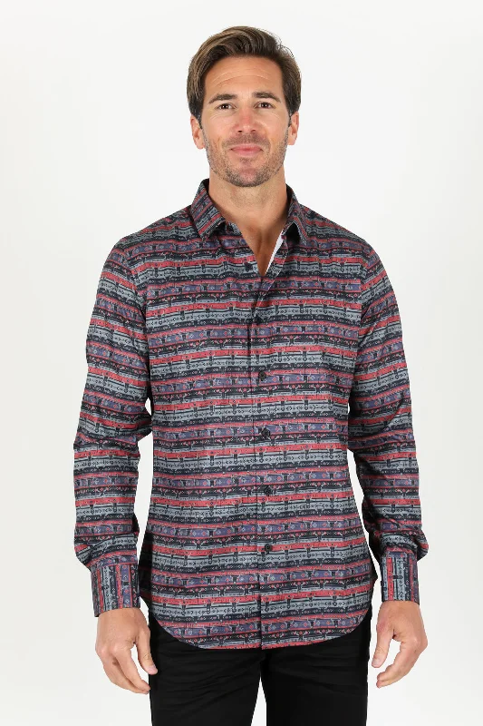 Casual Attire Mens Modern Fit Stretch Aztec Foiled Shirt - Black