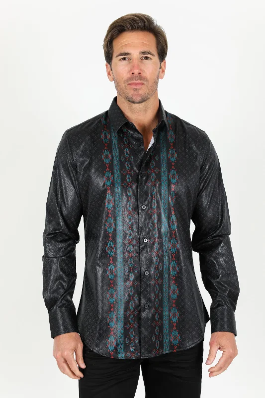 Business Casual Mens Modern Fit Stretch Aztec Foiled Shirt - Black