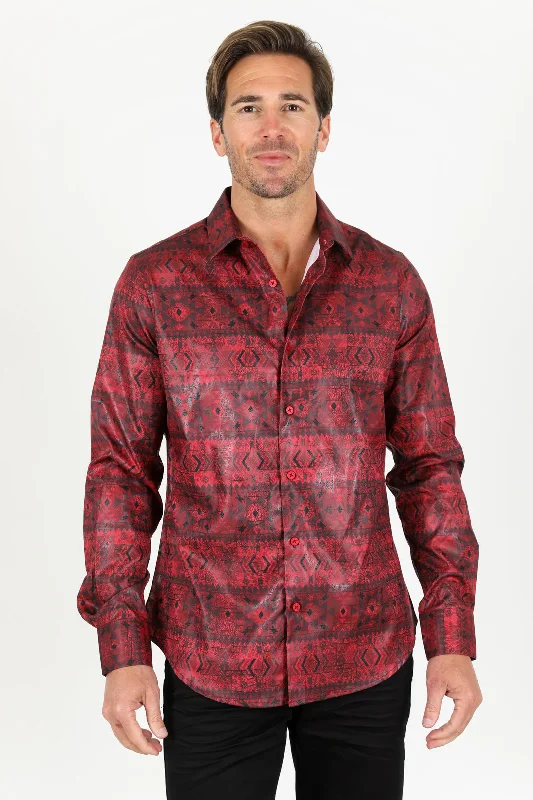 Outdoor Apparel Mens Modern Fit Stretch Aztec Foiled Shirt - Red