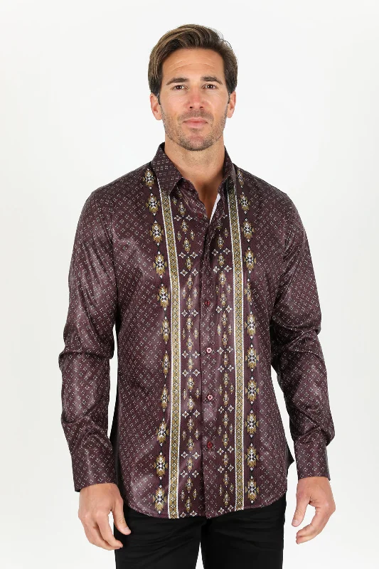 Premium Clothing Mens Modern Fit Stretch Aztec Foiled Shirt - Wine