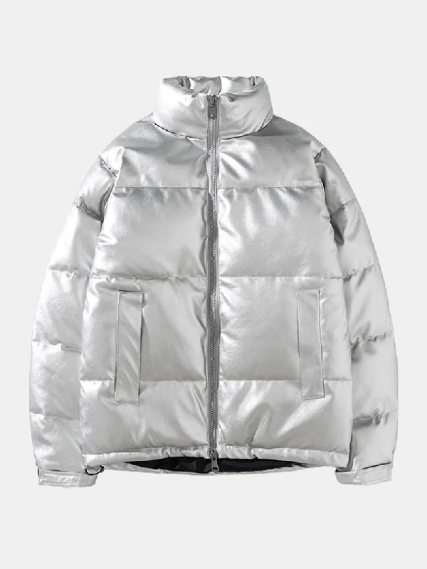 Relaxed Fit Clothing Mens Warm Solid Color Zipper Stand Collar Side Pocket PU down Jacket