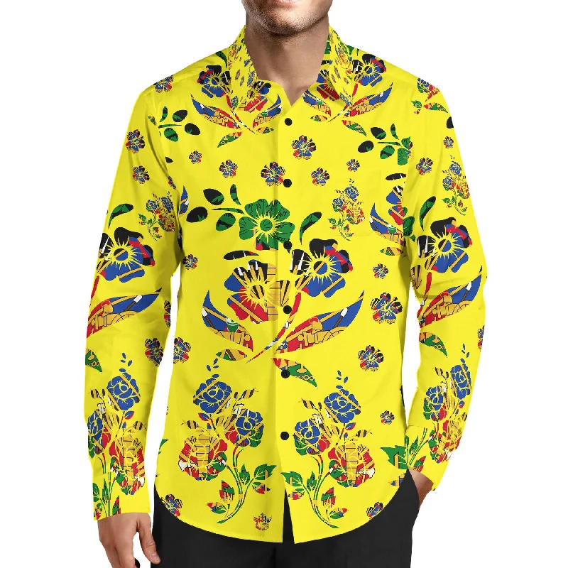Urban Outfits MEN'S YELLOW FASHION TMMG LUXURY HAITI FLAG HIBISCUS CHOUBLAK DRESS SHIRT
