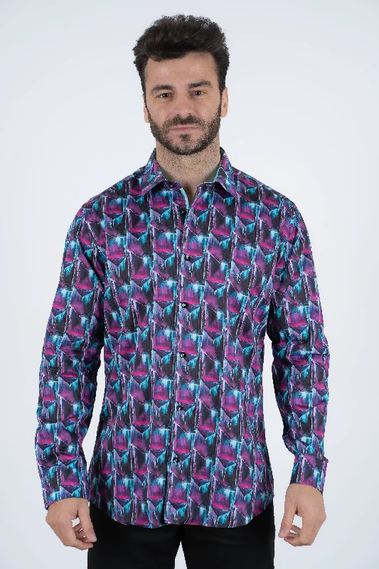 Office Outfits Purple Rings Print Satin Cotton/Spandex Long Sleeve Shirt