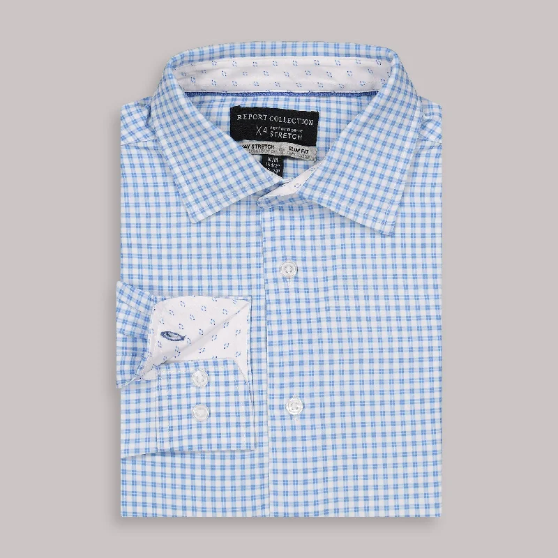 Classic Fits Long Sleeve 4-Way Dress Shirt with Check Print in Blue
